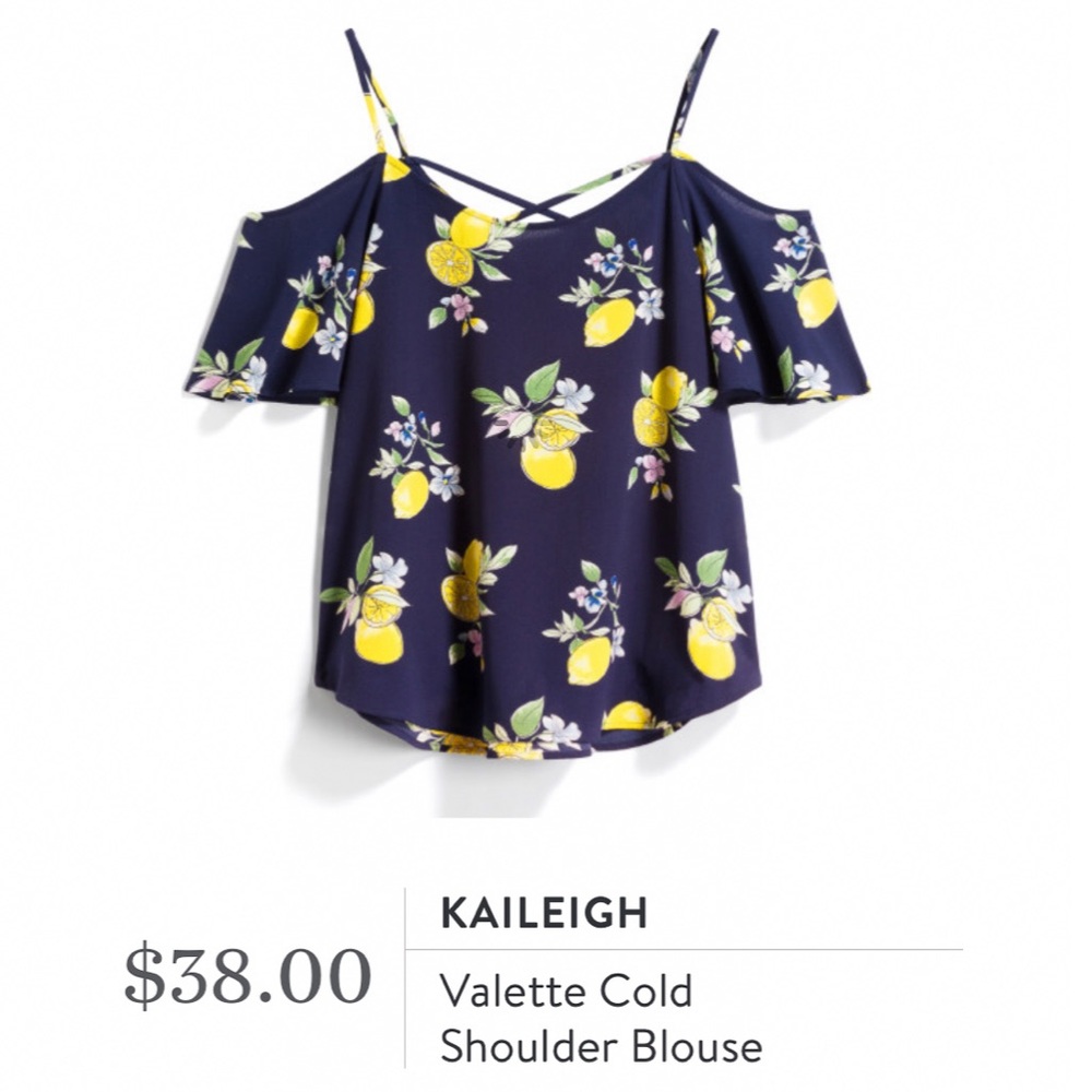 Small Kaileigh Navy Lemon Cold-Shoulder Blouse